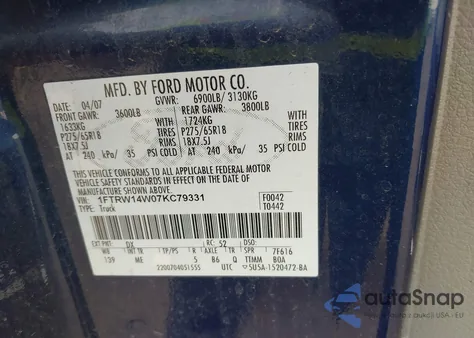 2007 Ford F-150 Xlt из США, поврежденный, VIN 1FTRW14W07KC79331